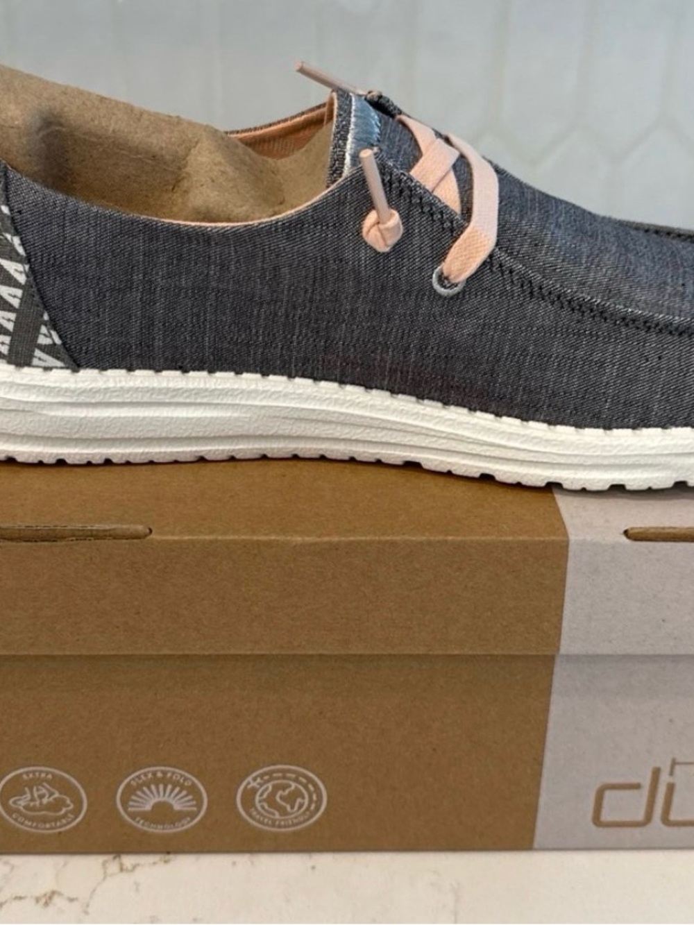 Hey Dude Men's Slip-On Loafer in Dark Gray with Pink Accents